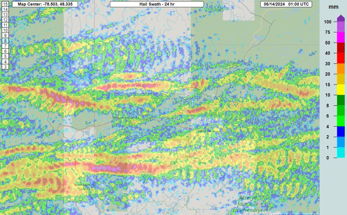 Seeking Hail Reports #meteoQC: Several supercell storms today in NW QC, potentially producing large, damaging hail. Est. location of largest hail near and E of Nédélec (see MRMS hail swath below).

Let us know if you saw or heard anything!