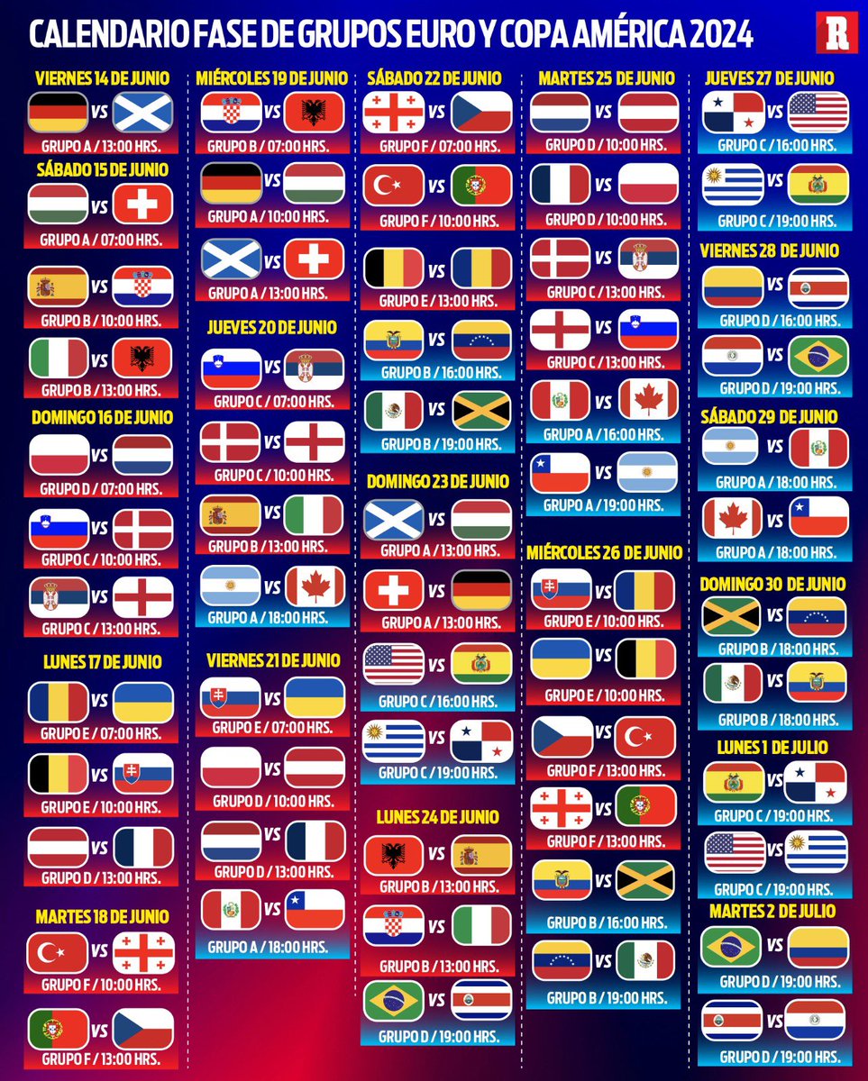 Vayan avisando:

Partidos de mañana, tarde y noche. En una semana tendremos partidos de la Euro y la Copa América todos los días  😍😍

Calendario listo. 🤩🤩