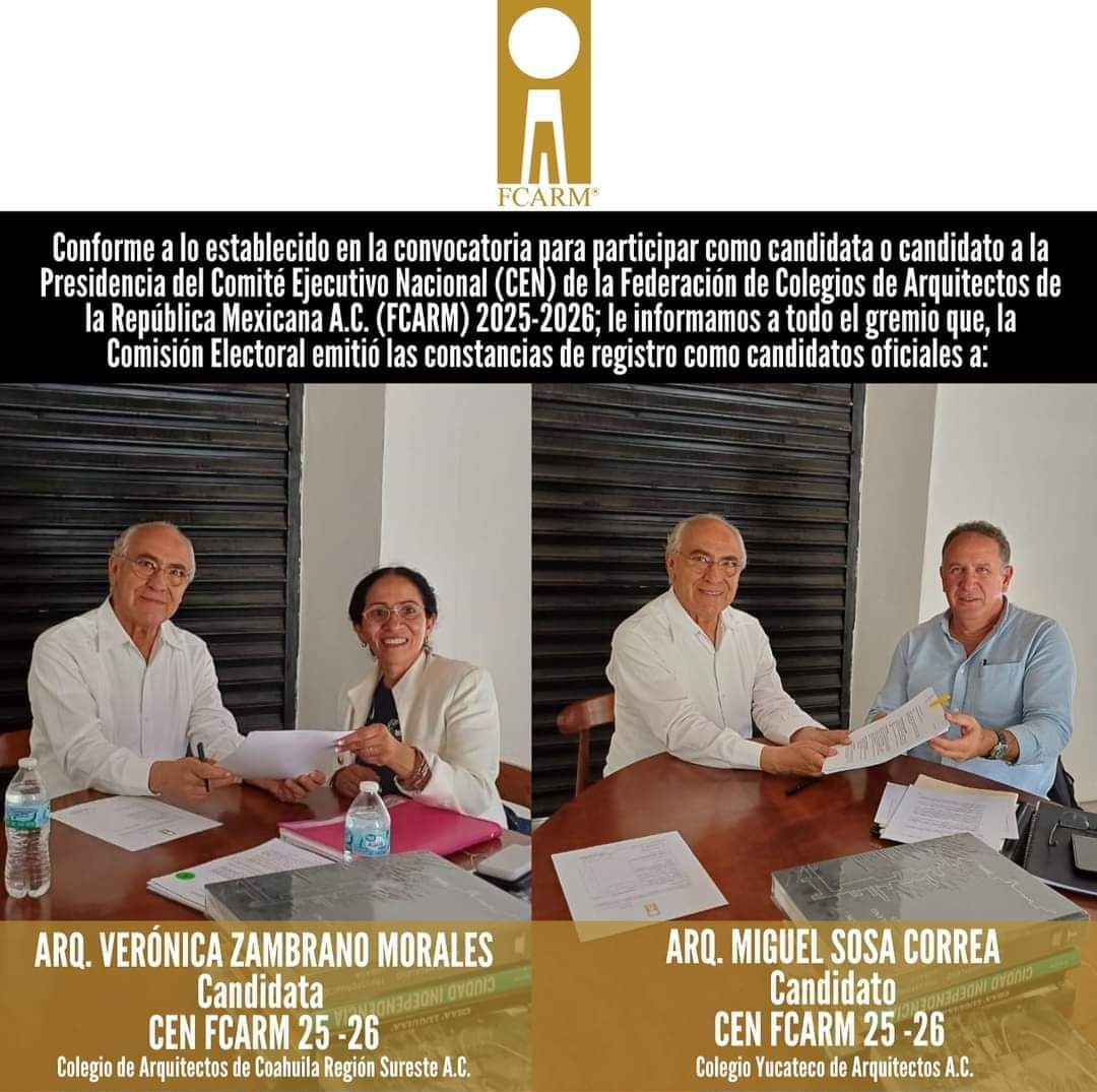BedranRuiz's tweet photo. Como parte de la Junta de Honor y Justicia de la #FCARM constituida en Comisión Electoral se emitieron las constancias de registro como candidat@s oficiales a:
la Arq. Veronica Zambrano y al Arq. Miguel Sosa Correa
Exito a los candidatos oficiales!
#SomosFCARM https://t.co/G8CHJY9hS4
