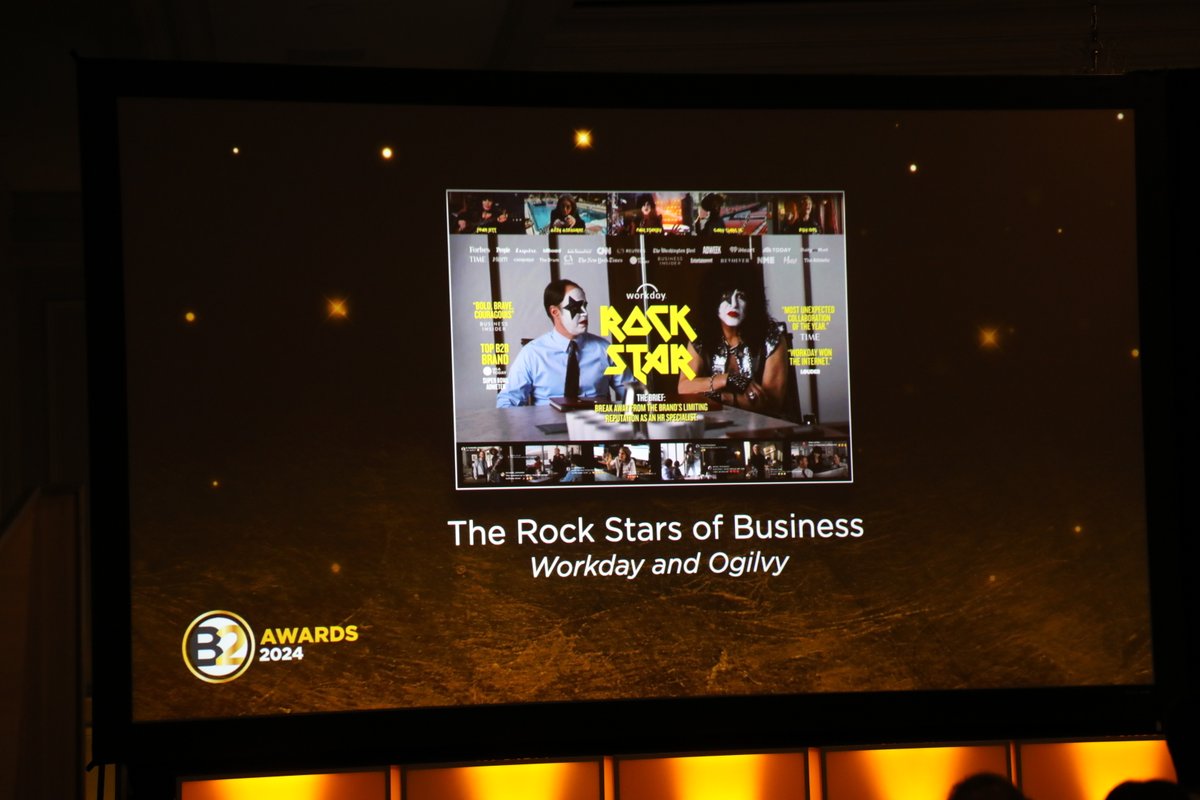ANAmarketers's tweet photo. The 2024 #ANAB2 Best-In-Show award goes to @Workday and @Ogilvy for the “The Rock Stars of Business” campaign. Huge congratulations to the teams! https://t.co/RlY7AjGkxw