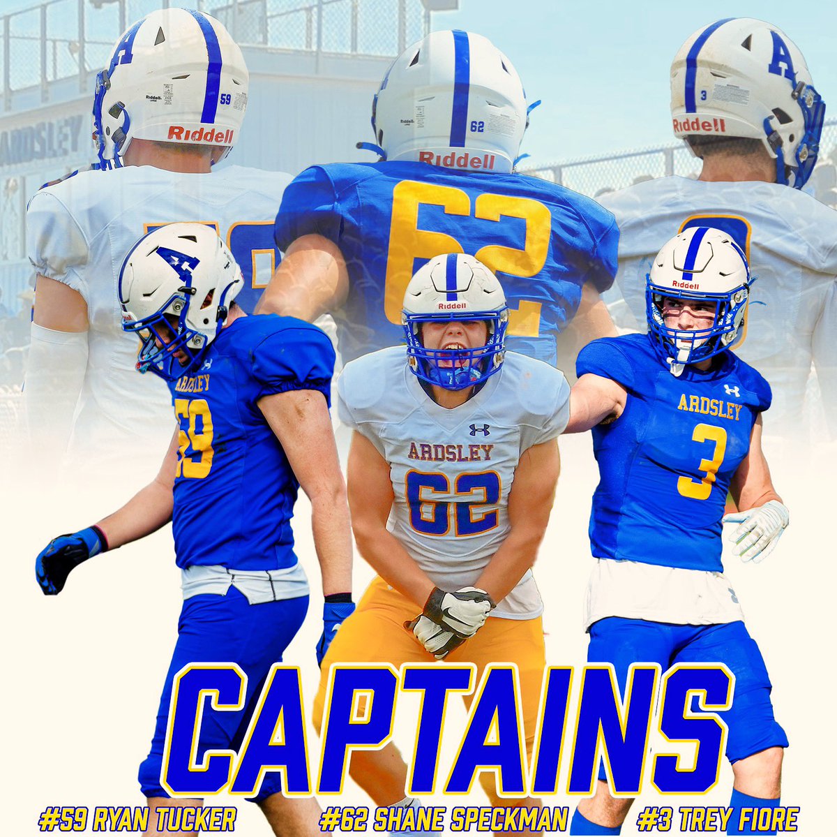 Our 2024-2025 Captains have been announced! Congratulations to these guys! Potentially 4th to be announced..? 🤔

#3: Trey Fiore, TE/LB
#59: Ryan Tucker, LG/DL
#62: Shane Speckman, RG/DE