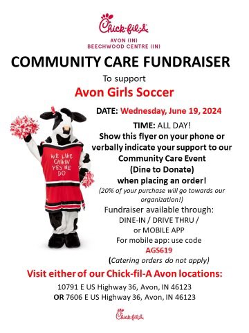 Next week: AVON GIRLS SOCCER CAMP WEEK! We know what u can have for breakfast, lunch and dinner on 6/19! Pls support us @ either Avon Chick-fil-a’s on Wednesday, 6/19! Share with ur family and friends. Details ⤵️ And It’s not too late to sign up for camp. Info pinned top of page.