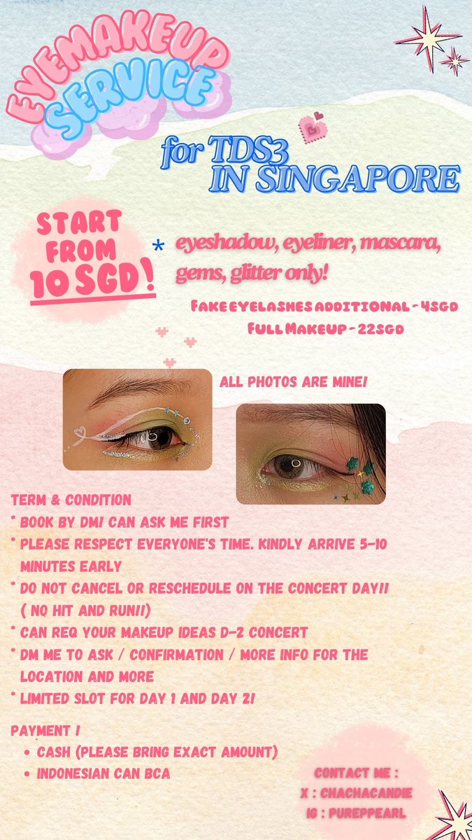 chachacandie's tweet photo. help rt?
open eye makeup service for The dream show 3 in singapore day 1 and day 2 at nct dream concert. 
ask your friends to join and get 10% discount!

all photos are mine. just ask me on DM for sure.
#nctdream #thedreamshow3 #tds3insingapore #nctdreaminsg #eyemakeupservice https://t.co/oa1kN2nKtg