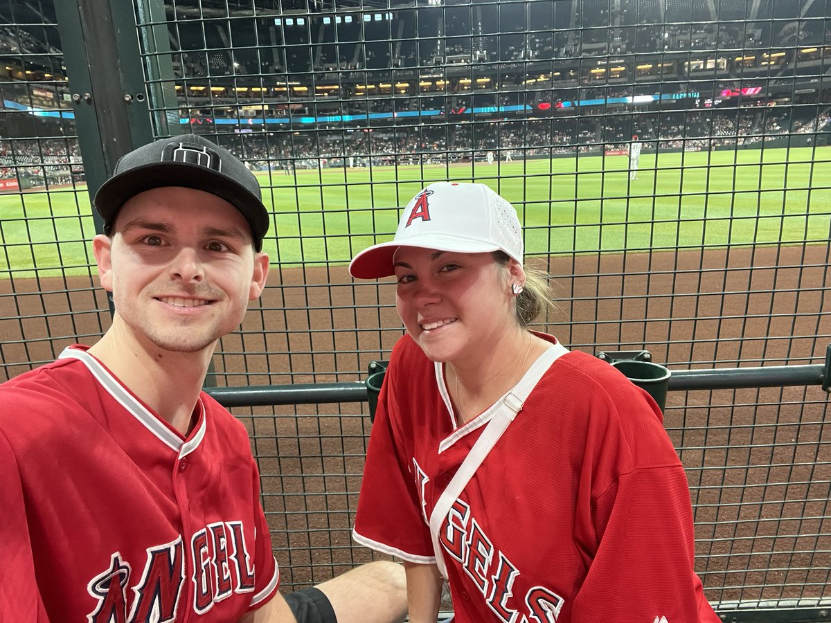 huunt's tweet photo. Ethan and Amber at the Angels vs Diamondbacks game representing the Halos. Wish I was there with you both. Great seats. @EricaLWeston @Markgubicza @WayneRandazzo https://t.co/MmkC3qqT7J