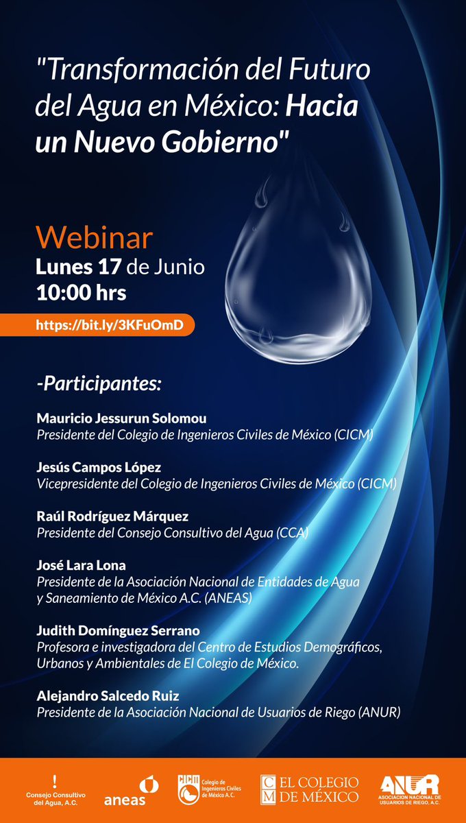 ConsejoAguaMX's tweet photo. #Imperdible "Transformación del futuro del Agua en México : Hacia un nuevo gobierno"
@CEMDA @anur_mx  @ANEASdeMexico @raroma47

#Webinar
📆 17 Junio 2024
🕙 10:00 h https://t.co/ze6dMDYlI4