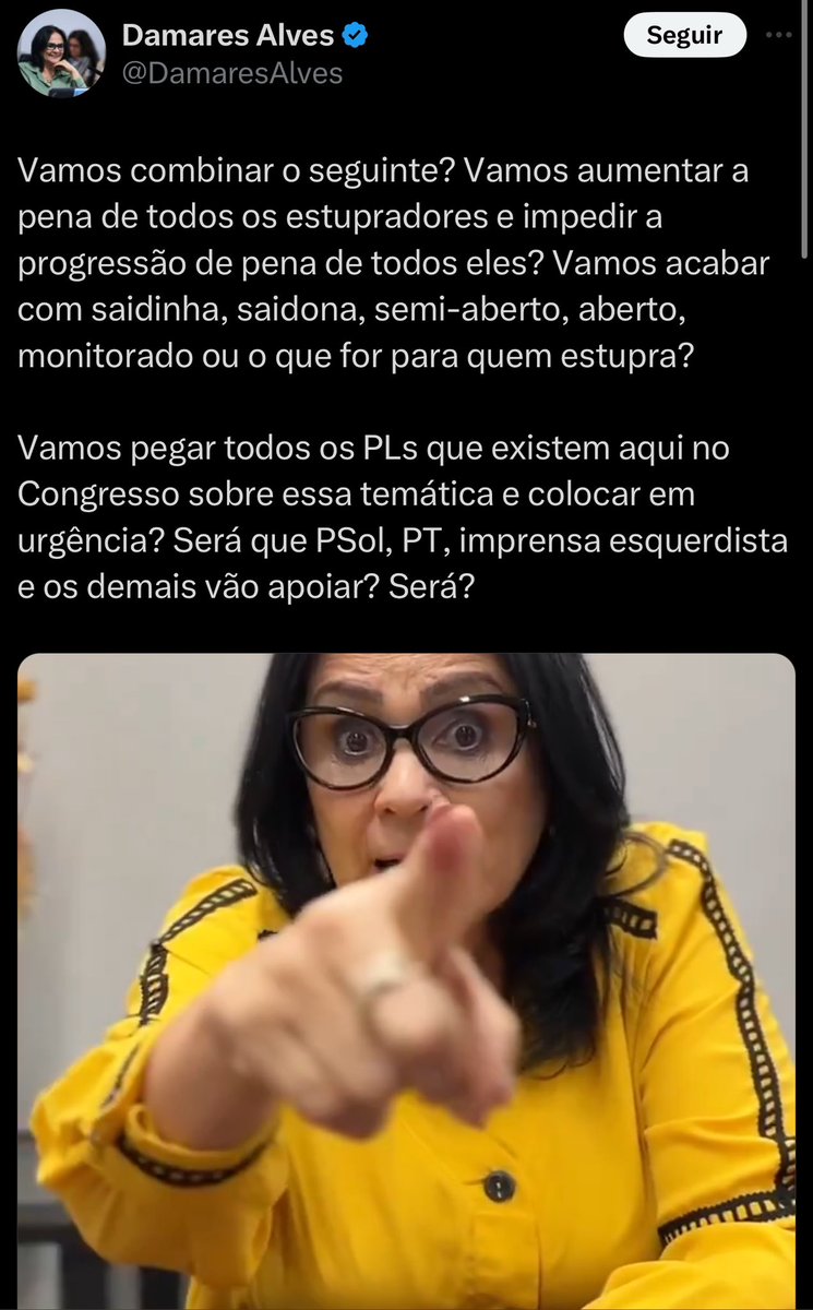 Esta mulher é uma ABERRAÇÃO política.
Se elegeu senadora e NÃO SABE que estuprador já não tem “saidinha, saidona, semi-aberto, aberto ou monitorado” como ela diz.

A estupidez é tão brutal que, para defender o PL dos Estupradores, ela quer acabar com algo que NÃO EXISTE!