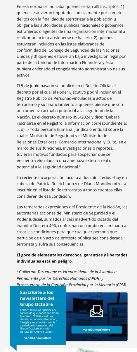 HacemosPrensa's tweet image. Escribe para @pagina12 Guillermo @Torremare_DDHH, vicepresidente de la @APDHArgentina y prosecretario de la @CPMemoria 👇🏽

"Calificar de terroristas a quienes ejercen el derecho a la protesta y afirmar que promovían un golpe de Estado, no es inocente".

pagina12.com.ar/744521-estamos…