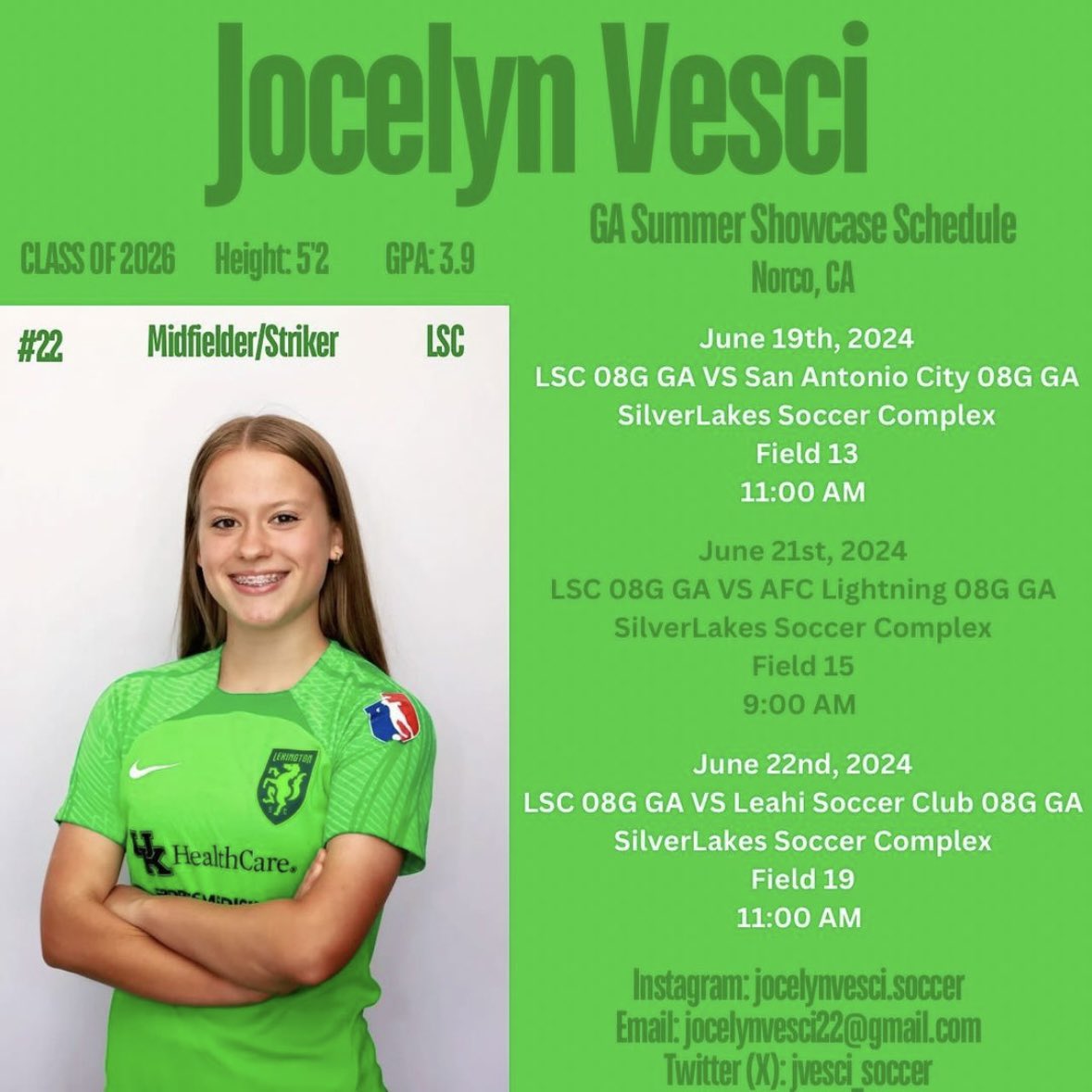 jvesci_soccer's tweet photo. Here’s my schedule for the upcoming Girls Academy Summer Showcase in Norco, CA.  So excited to be able to showcase my skills and talents with my team Lexington Sporting Club. @imyouthsoccer @LSCyouth @GAcademyLeague #soccer https://t.co/BJz76umF9Q