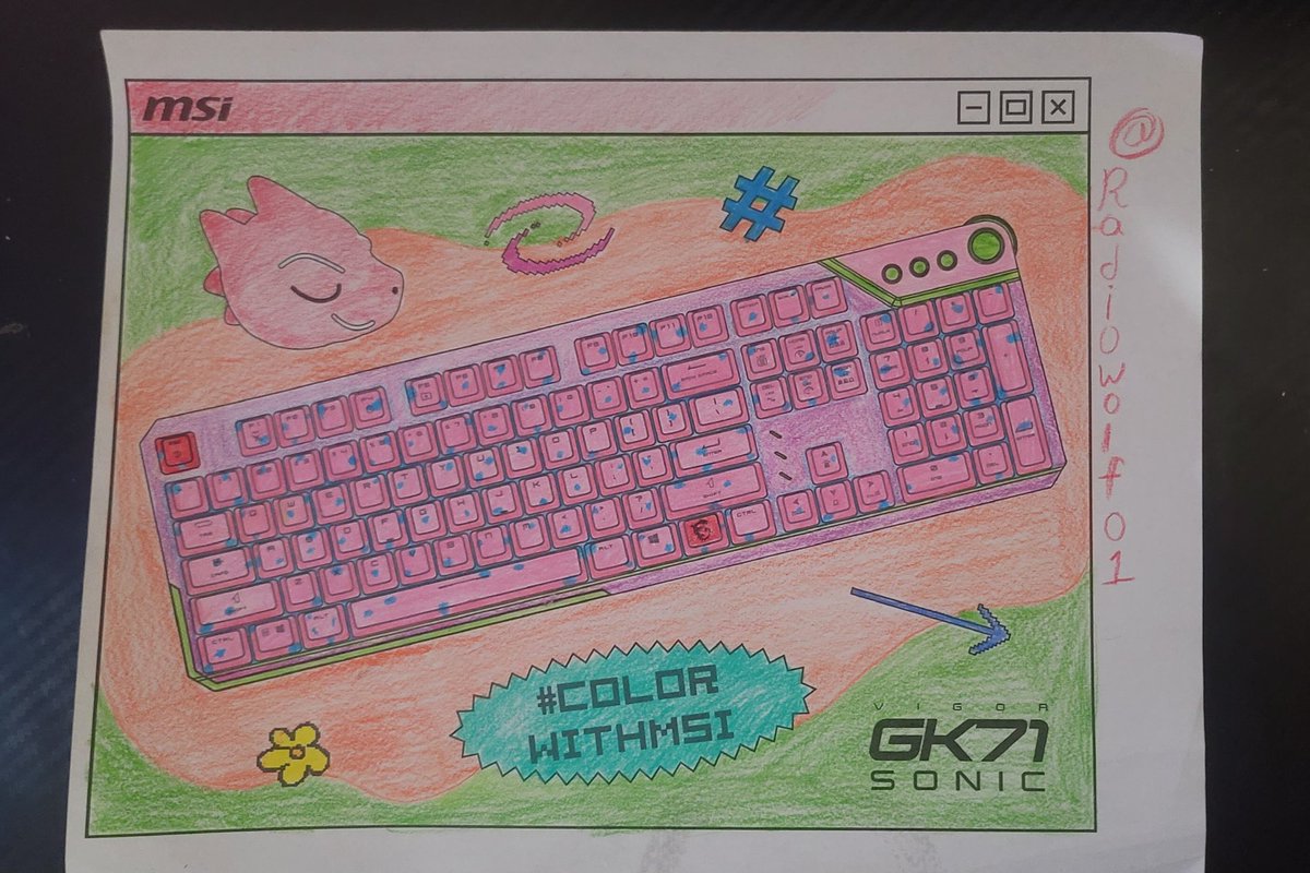radiowolf01's tweet photo. Decided to color what my custom keyboard would  look like! Pink, purple, green, with speckled blue! #ColorWithMSI @msiUSA https://t.co/0grUfTVHCy