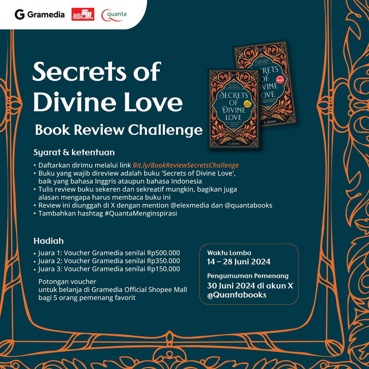 📣 BOOK REVIEW CHALLENGE 📣

Panggilan kepada Booklovers! Yuk ikutan review challenge buku Secrets of Divine Love karya A. Helwa dan dapatkan hadiah berupa voucher Gramedia untuk 8 reviewer terbaik 🤩

Kami tunggu review buku darimu ya, Booklovers! 📚