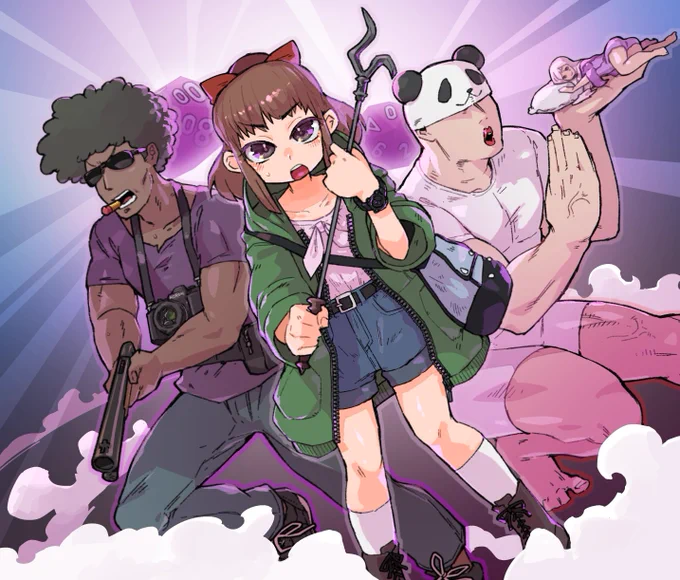 カードその3「詩織&末次郎&サンディエゴ」いい大人達さんのクトゥルフ神話TRPG動画のPC2人とNPCの3人組です。グラーキとの最終決戦をイメージしており当時の所持品をそれぞれ持っています。後世に語り継がれるレベルのファンブル卓だったため背景でも100ファンを出してます笑 #仕事絵 #いい大人達 