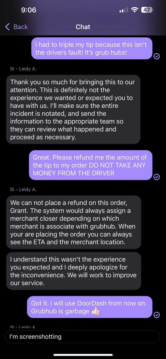 gbrady4's tweet photo. @Grubhub awesome customer service https://t.co/kBC4avVqPl