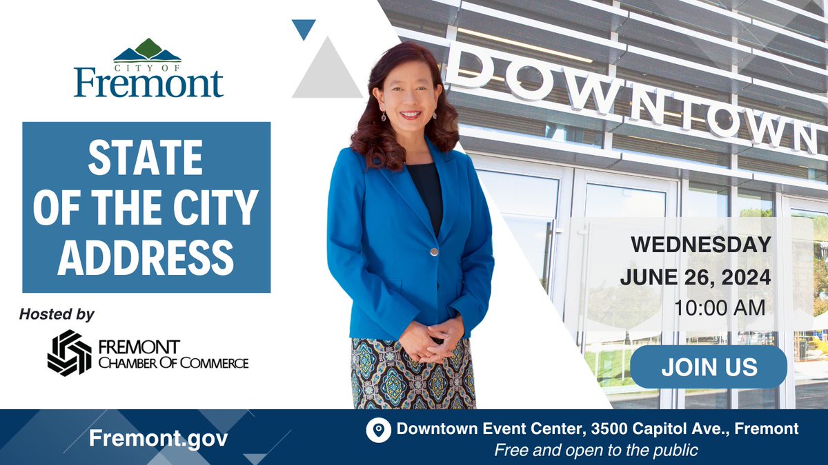 Fremont_CA's tweet photo. If you want to learn more about the issues and opportunities facing the City of Fremont, stay tuned! Fremont Mayor Lily Mei will be presenting the annual State of the City Address on Wednesday, June 26, at 10:00 am at the Downtown Event Center, located at 3500 Capitol Ave in Fremont. The event is free and open to the public (no ticket required). The Fremont Chamber of Commerce is hosting this event.

In case you can’t make it, the State of the City Address will be rebroadcasted on Fremont Cable TV Channel 27, as well as posted to the City website by the end of the following week.