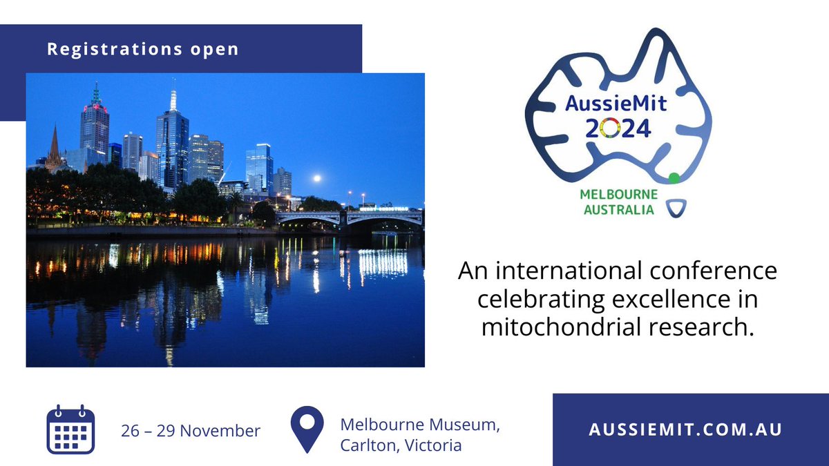 AussieMit Conference (@aussiemit) on Twitter photo Registrations and abstract submissions for the 2024 AussieMit conference are open!
Join us:
📅 26 – 29 November
📍 Melbourne Museum (<a href="/melbournemuseum/">Melbourne Museum</a>), Melbourne, VIC
Learn more: aussiemit.com.au/register/
#MitochondrialDisease #Mitochondria #Mito Registrations and abstract submissions for the 2024 AussieMit conference are open!
Join us:
📅 26 – 29 November
📍 Melbourne Museum (<a href="/melbournemuseum/">Melbourne Museum</a>), Melbourne, VIC
Learn more: aussiemit.com.au/register/
#MitochondrialDisease #Mitochondria #Mito