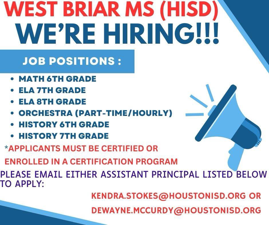 wbmspto's tweet photo. West Briar Middle School is looking for outstanding teachers to become part of our vibrant and supportive community. If you’re passionate about education and eager to make a difference, then check out the flyer for more details.

@westbriarMS https://t.co/DjsfhL2fxl