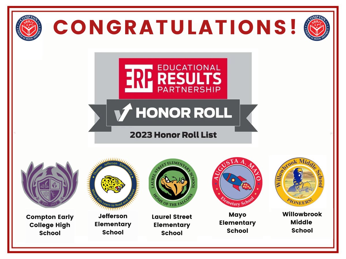 ComptonUnified's tweet photo. Congrats to Compton Early College HS, Jefferson ES, Laurel Street ES, Mayo ES, and Willowbrook MS for being recognized on the @ERP_learn Honor Roll list of CA's top schools with a “Star School” designation.

#HonorRoll #ERPHonorRoll #StarSchool #ComptonUnified #Elevate https://t.co/jdM3KWdmMh