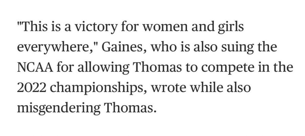 Riley_Gaines_'s tweet photo. Actually, @NBCNews, it would be you who misgendered Thomas. 

When a naked man exposes his p*nis to me &amp; a room full of naked, vulnerable girls non-consensually, a gun to my head wouldn't make me call him a "she" now.

Thomas is a man, therefore his correct pronouns are he/him. https://t.co/tJSCw1ViJD