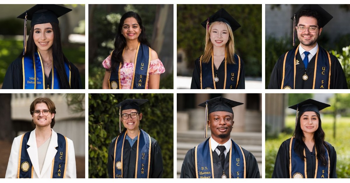 UCSanDiego's tweet photo. Eight students have been selected to offer gratitude and inspiration as student speakers at All Campus Commencement this year. Learn about the speakers and what inspires them π β‘οΈ https://t.co/gOHPKUJRq9 #UCSD #UCSD2024 #UCSDAlumni https://t.co/p46L7zLwyD