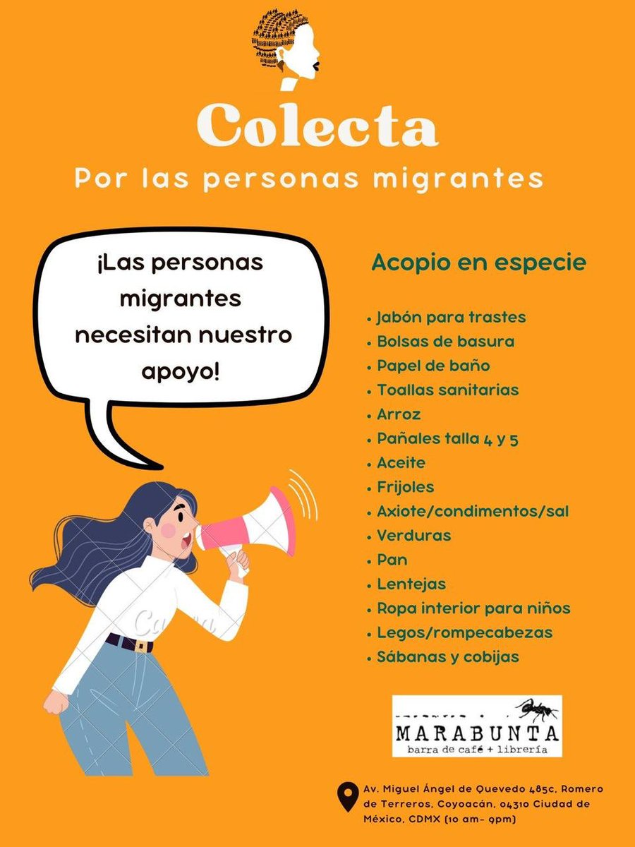 🫂#AccionSolidaria| ¡Únete a la colecta por las personas migrantes! El acopio se recibirá en Café- librería Marabunta.