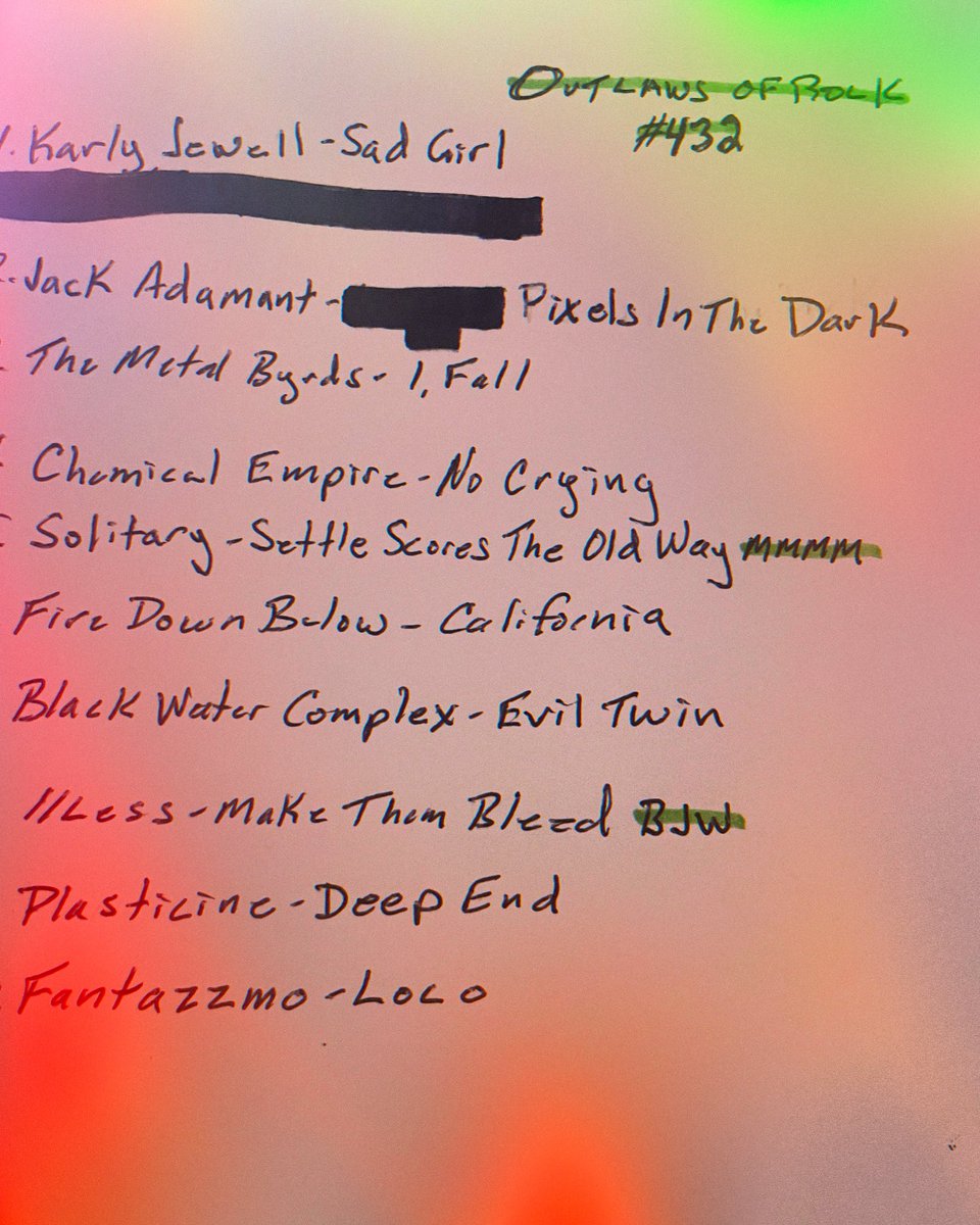 Tully_Dio's tweet photo. 🖊️Outlaws of Rock ep.432 6/14 SET LIST: @karlyjewell @jackadamant @themetalbyrds @solitary_thrashmetal @less_theband @chemicalempireofficial @firedownbelowband @black_water_complex @plasticineband  @fantazzmo #outlawsofrock #undergroundmusic #newtracks  #predrinks #bigbeers 🍺 https://t.co/54e39li9nT