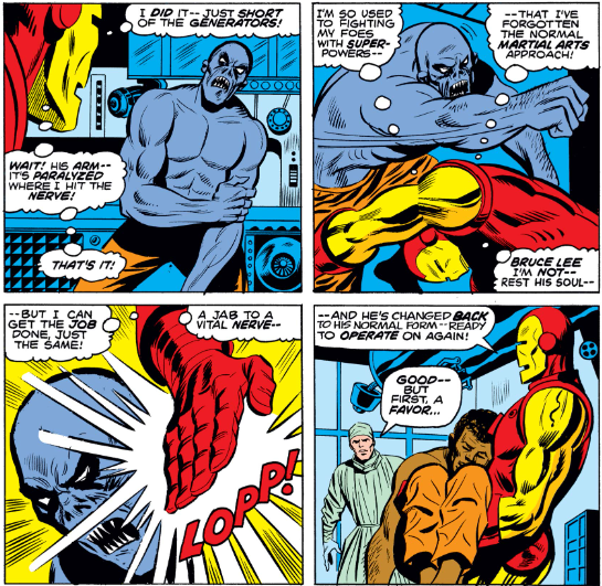 MarvelADay's tweet photo. #MarvelADay #IM67 Lightly using his repulsor rays allows IM to corral Freak 2 back to the hospital. This issue came out in September 1973, so Bruce Lee's death was still very fresh. (July 20, 1973) - VA https://t.co/r3hUiFKh9O