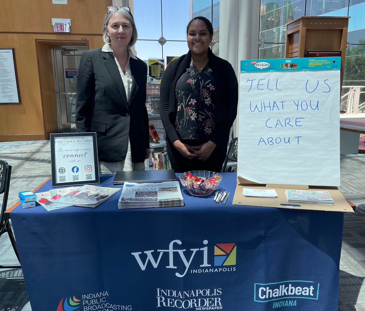 IndyRecorder's tweet photo. We're listening! Thanks to everyone who stopped by our Community Listening Session today and special thanks to our host, the Indianapolis Public Library. Pictured: WFYI News Director Sarah Neal-Estes and Recorder Intern Kayla Barlow. #wfyi #indylibrary #indyrecorder https://t.co/tqDLHcKi2M