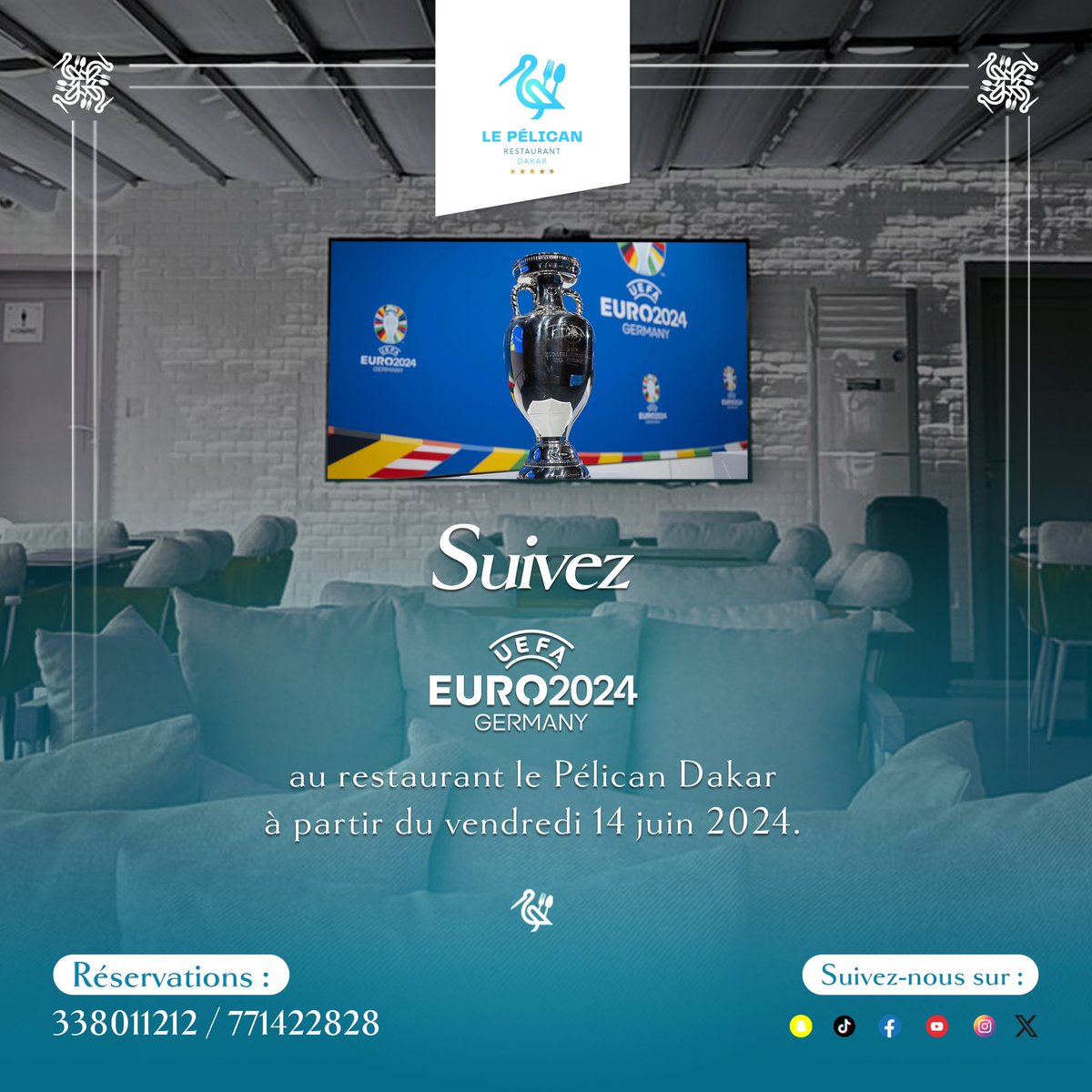 LepelicanRestau's tweet photo. Pour vivre pleinement chaque instant de l’Euro 2024, deux options s’offrent à vous:

1- Allez en Allemagne 
2- Venir au Restaurant le pélican Dakar. 

#euro2024 #Football #restaurantlepelicandakar https://t.co/dY8CdcfN9s