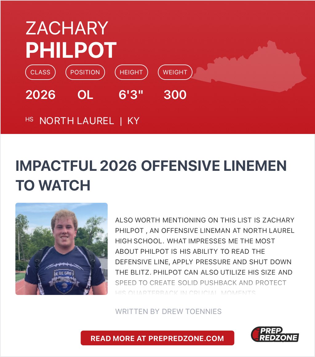 ZacharyPhilpot's tweet photo. Thank you ⁦@drew_toennies⁩ for the recognition! ⁦@PrepRedzoneKY⁩ ⁦@PrepRedzone⁩ ⁦@LippertScouting⁩ ⁦@NWahlScouting⁩ ⁦@MaximilianKard1⁩ https://t.co/XdFTXLlWav