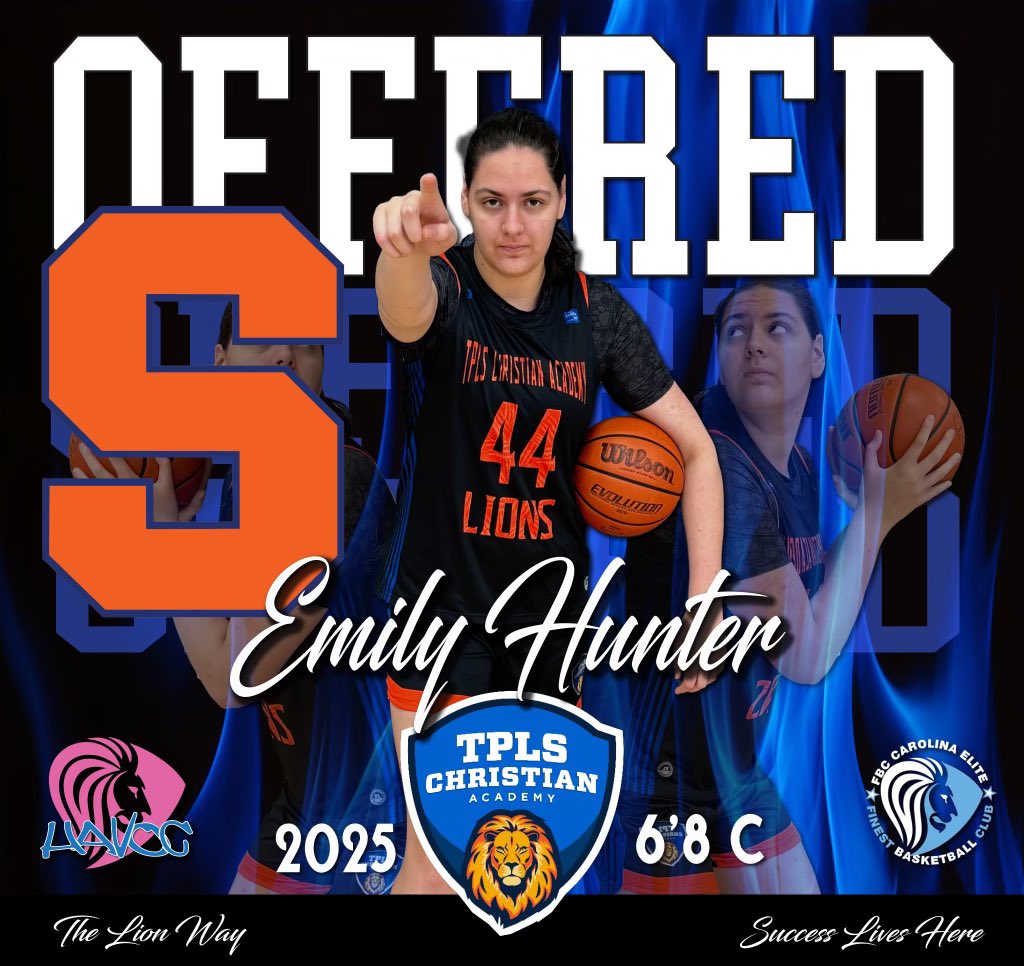Emily Hunter (@emilyhunter2025) on Twitter photo I’m excited to announce that I have received an offer to continue my academic and athletic careers at <a href="/CuseWBB/">Syracuse Women's Basketball</a>. Thanks to <a href="/CuseCoachJack/">Felisha Legette-Jack</a> for having confidence in me to play in the ACC.
<a href="/TPLS_LionsGirls/">TPLS Christian Academy Girls</a> <a href="/coachmike25/">Michael Davis</a> <a href="/RasheenJohnson/">Rasheen johnson</a> <a href="/FBCHAVOC/">FBC HAVOC</a> <a href="/PGHVirginia/">Prep Girls Hoops Virginia</a> I’m excited to announce that I have received an offer to continue my academic and athletic careers at <a href="/CuseWBB/">Syracuse Women's Basketball</a>. Thanks to <a href="/CuseCoachJack/">Felisha Legette-Jack</a> for having confidence in me to play in the ACC.
<a href="/TPLS_LionsGirls/">TPLS Christian Academy Girls</a> <a href="/coachmike25/">Michael Davis</a> <a href="/RasheenJohnson/">Rasheen johnson</a> <a href="/FBCHAVOC/">FBC HAVOC</a> <a href="/PGHVirginia/">Prep Girls Hoops Virginia</a>