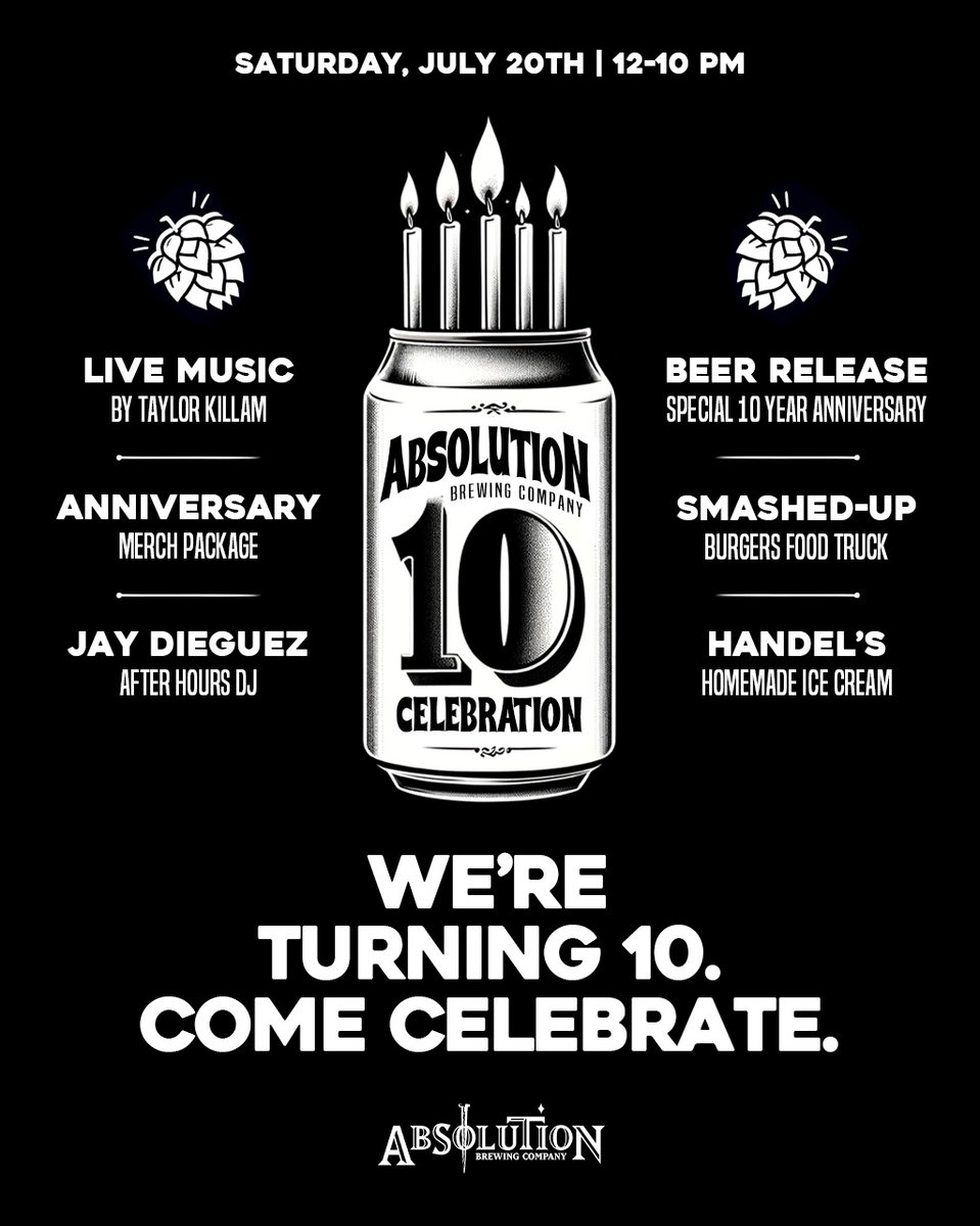 AbsolutionBrew's tweet photo. 🚨 EXCITING ANNOUNCEMENT 🚨

We're throwing a party to celebrate 10 YEARS of pure pleasure, no guilt, and you're invited!

📅 Saturday, July 20th https://t.co/TWHS7c85Wv