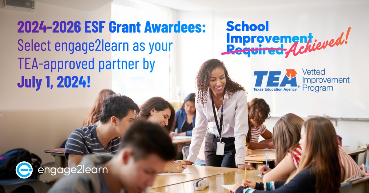 engage_learning's tweet photo. 🌟 Congratulations, 2024-2026 ESF Grant awardees! 🌟

With e2L as your TEA-vetted improvement partner, you'll get a team of implementation pros experienced in upskilling teachers &amp; fast-tracking school improvement. Learn more here! ➡️ https://t.co/N9LXFk5qEa

#txed #txedchat https://t.co/ILqqYbbZDk