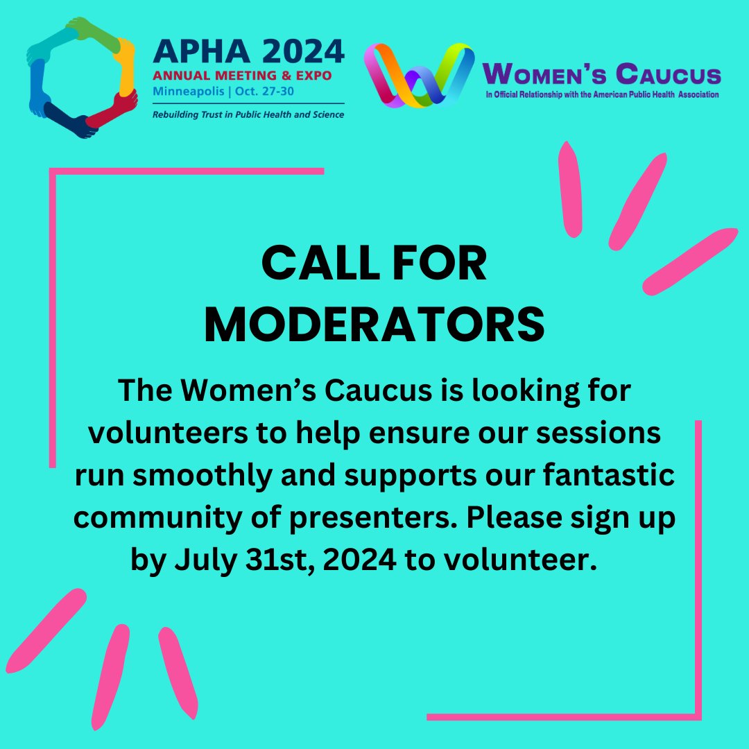 We're looking for moderators for the American Public Health Association 2024 Annual Meeting and Expo.

If you're interested in helping facilitate important conversations on women's health, please sign up by July 31!

apha.confex.com/apha/2024/cfv.…