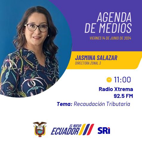JasminaSalazarA's tweet photo. #EnMedios | Este viernes, dialogaremos en Radio #Xtrema sobre la "Recaudación tributaria", entre otros temas de interés.
📻 92.5 FM
⏰11:00
#SRIzonal3 https://t.co/Oa0Xbx2JEN