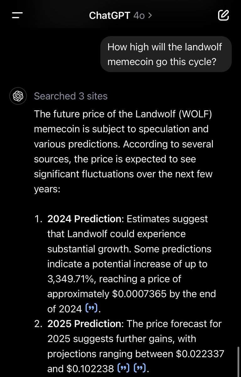 kek0x's tweet photo. We aren’t bullish enough. 

@OpenAI just put a price prediction on @Wolf0x67 at 19b-90b in 2025. 

Do you think this is possible? 

$WOLF 🐺 https://t.co/CEVH3fO9Zw