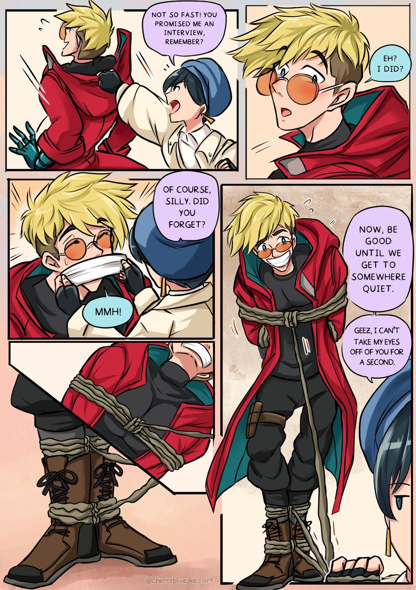 CherryBluePie's tweet photo. Meryl pulls Vash aside for an exclusive interview.. or is it just an excuse to spend some alone time with him? 😉 #tiedup https://t.co/Yid4a6p6NL