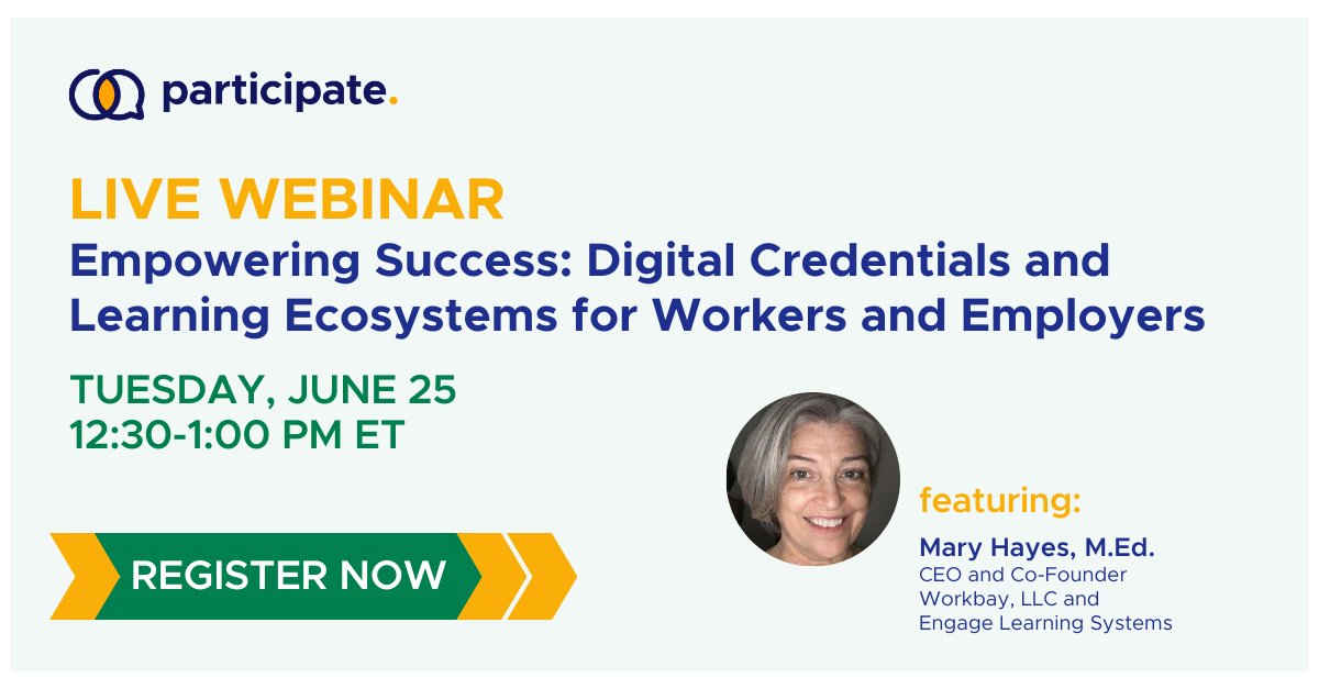 🌟 Join us for "Empowering Success: Digital Credentials &amp; Learning Ecosystems" with Mary Hayes &amp; Julie Keane.

📅 June 25, 2024 | 12:30-1:00pm ET

Learn about the impact of digital credentials, AI in LERs, and community-driven workforce solutions.

participate.zoom.us/webinar/regist…