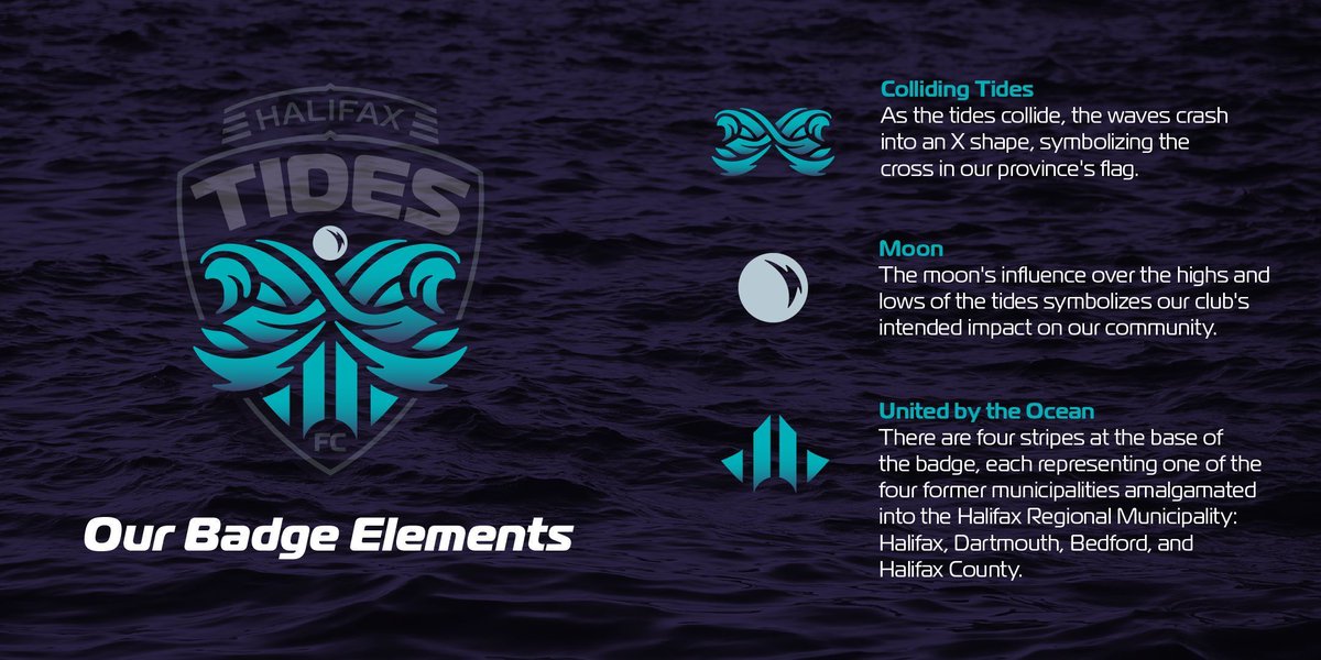 hfxtidesfc's tweet photo. A deeper look into the #Tides: 
🌊The tides crash into an X symbolizing the cross in our province's flag 
🌊The moon's influence over the tides symbolizes our club's intended impact on our community
🌊 The 4 stripes at the base each representing one of our 4 former municipalities https://t.co/tVykUWJXBm