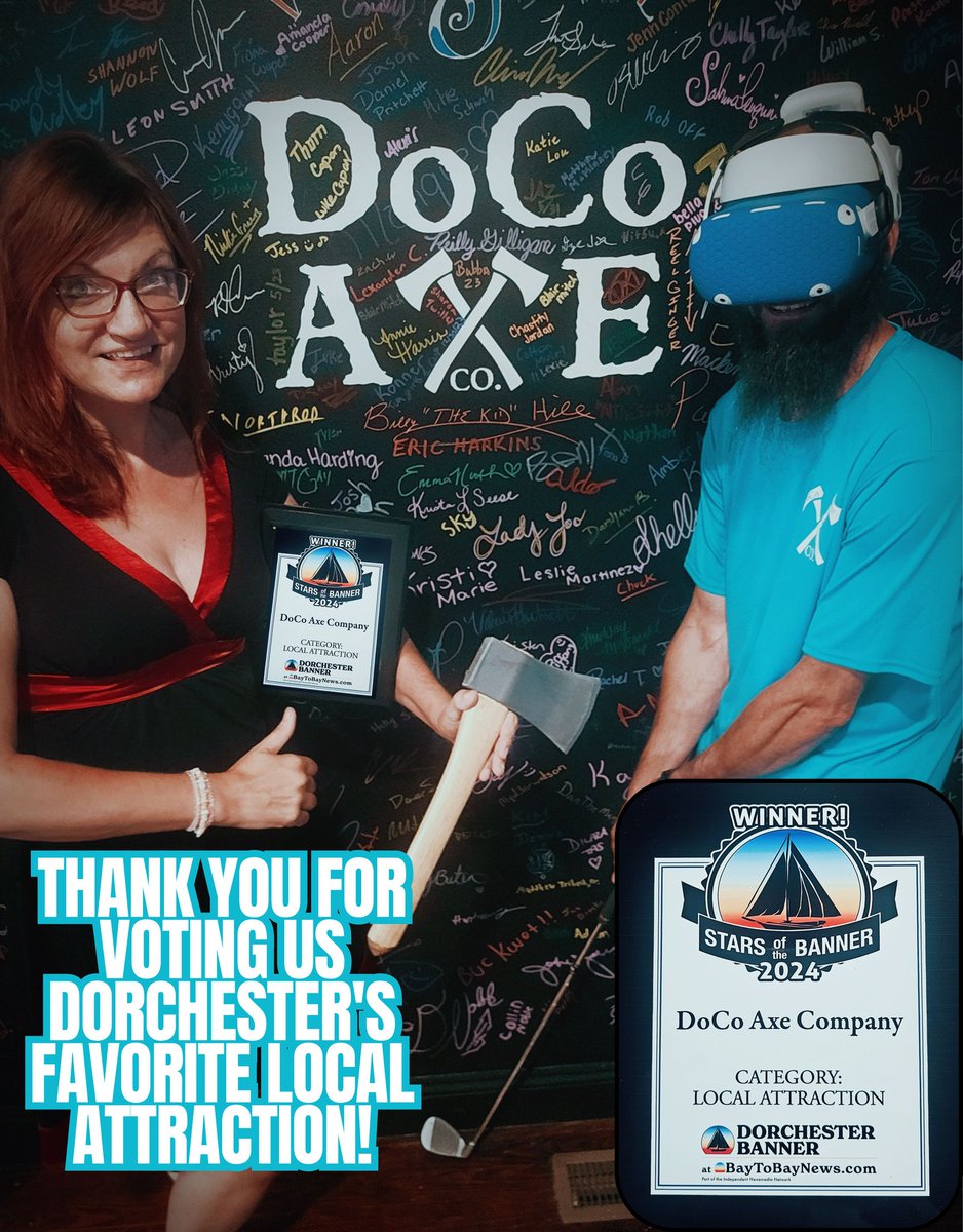 DoCoAxe's tweet photo. 🎉🏆 We are thrilled to announce that we've WON the prestigious Dorchester Stars of the Banner award for BEST LOCAL ATTRACTION! 🏆🎉 

🌟✨THANK YOU to all our amazing supporters who made this possible.  Your love and appreciation mean the world to us!   🌟✨

@DchsterBanner https://t.co/xXXlkuSzdP