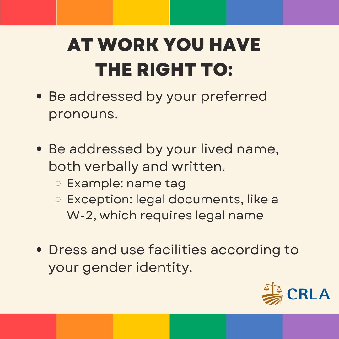 CRLAinc's tweet photo. #KnowYourRights: LGBTQ+ Employee Rights
Happy Pride Month everyone! 🌈✨ Here's to honoring and uplifting our wonderful communities together! ❤️💪
#CRLA #LGBTQ+ #PrideMonth #RuralPride #LoveIsLove https://t.co/i2coc5tUAQ
