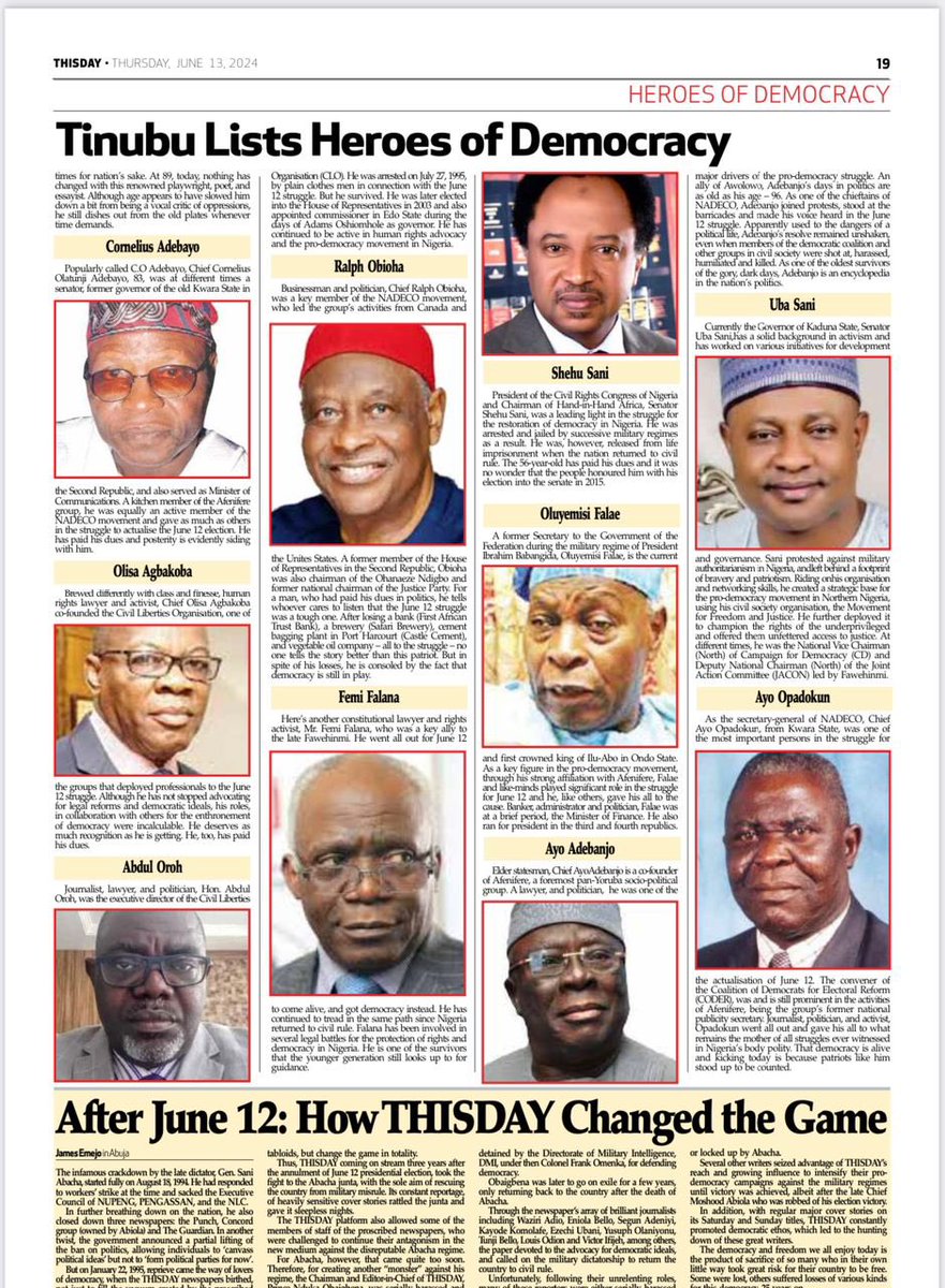 Tinubu includes Senator <a href="/ubasanius/">Senator Uba Sani</a> in the list of democracy heroes who have contributed to various development initiatives.

“Sani protested against military authoritarianisan in Nigeria, and left behind a footprint of bravery and patriotism. Riding onhis organisation and
