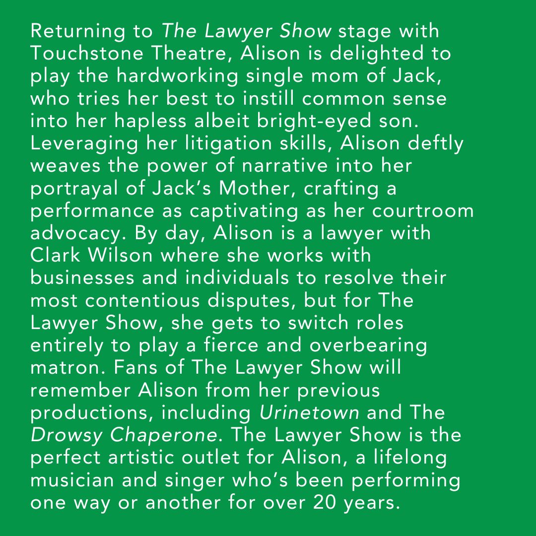 LawyerShow's tweet photo. ⭐️Meet the Lawyer Show 2024 performer Alison Colpitts, proudly supported by this year's Superstar Sponsor Clark Wilson LLP! @ClarkWilsonLLP https://t.co/9sPEGcIAKd