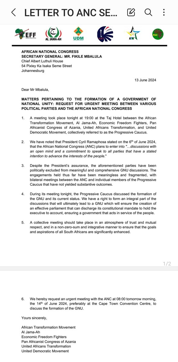 Six parties, EFF, Aljama-ah, UDM, UAT, ATM &amp; PAC under the banner Progressive Caucus have written to ANC secretary general Fikile Mbalula requesting a meeting before tomorrow's sitting. The parties say they have been excluded from the meaningful and comprehensive GNU discussions