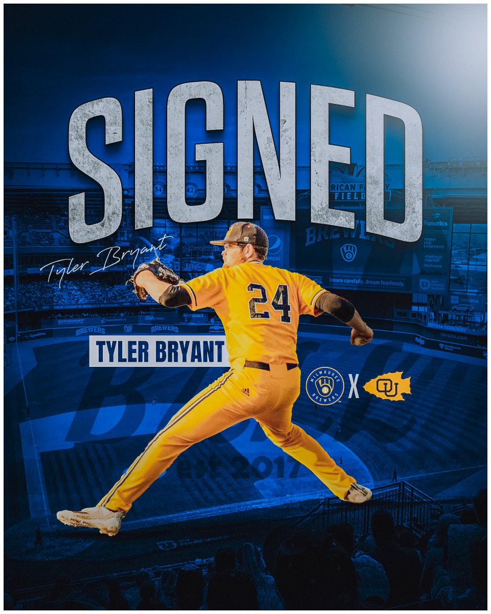 NAIABall's tweet photo. 🚨SIGNED!
Ottawa (KS) Alumni Tyler Bryant signs with the @Brewers per @Ottawa_Baseball.

Bryant has been playing the past two summers in the Frontier League and has been up to 99 MPH. 

Ottawa KS Career Stats (2022 & 2023)
16-2, 2.17 ERA, 6CG, 157.2 IP, 203 Ks, .179 BAVG
2022 NAIA All-American Honorable Mention, 2022 and 2023 KCAC Pitcher of the Year, 2023 NAIA All-American First Team, 2023 NAIA Ball Pitcher of the Year Finalist, 2023 All-NAIA Ball First Team. 
#NAIABall @kcacsports @Tyer03058964