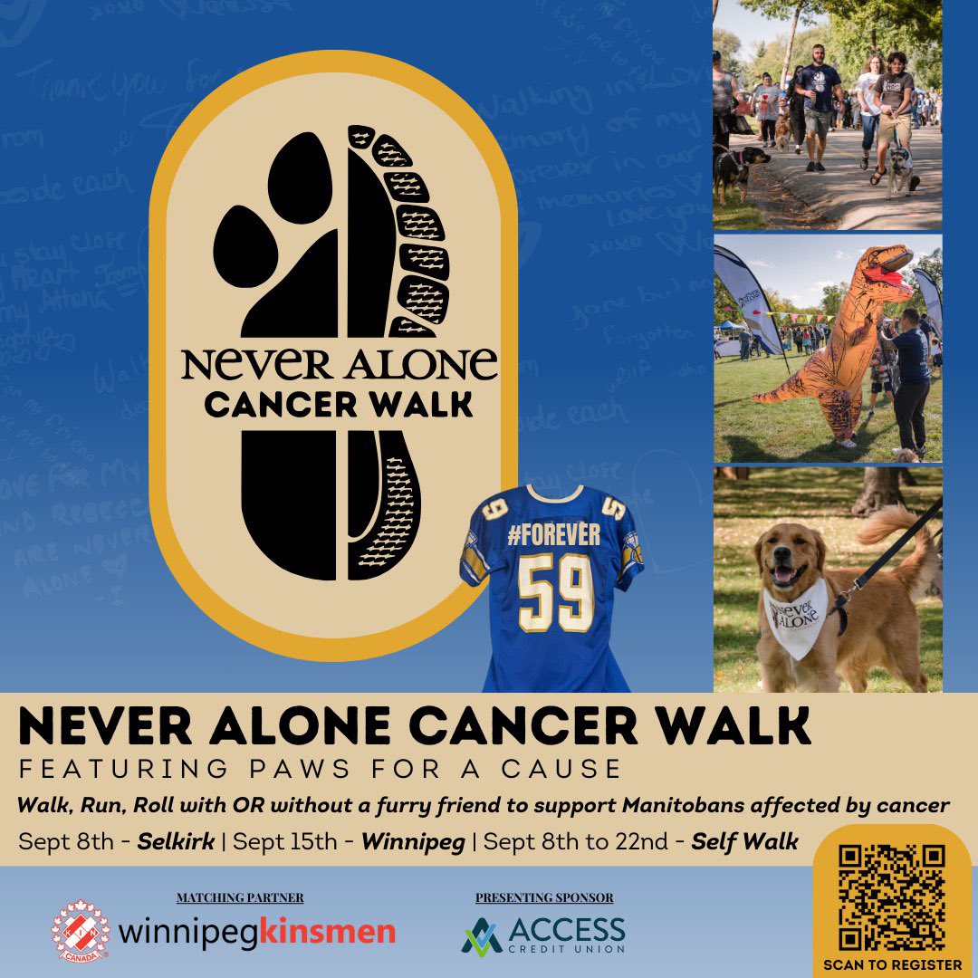 NeverAloneFnd's tweet photo. ✨We are excited to announce that registration for our Never Alone Cancer Walk ft. Paws for a Cause is LIVE✨

September 8th - Selkirk 
September 15th - Winnipeg 
September 8th to 22nd - Self Walk 

This year’s walk is in honour of our founder Lyle Bauer who passed away in April. https://t.co/6XagRjHHv6