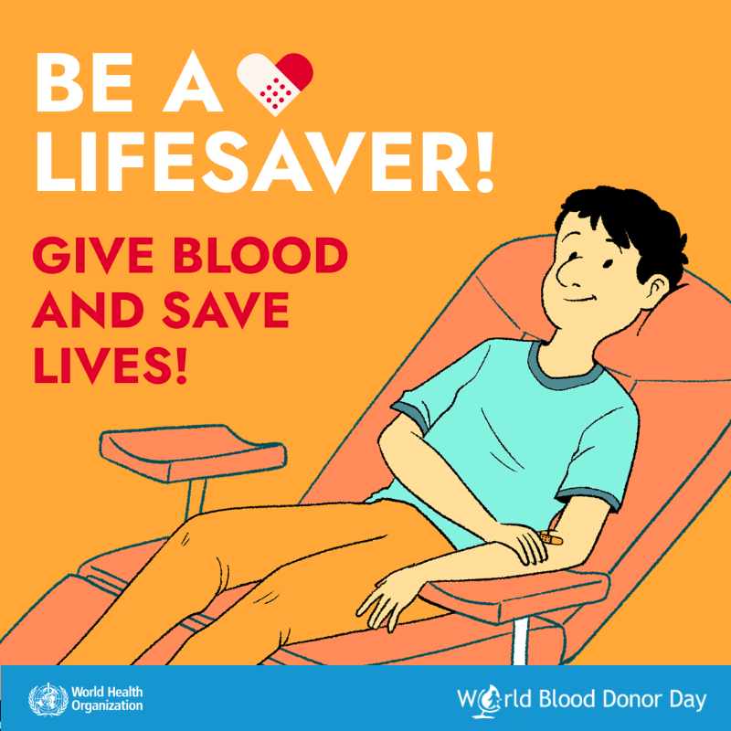 WHO's tweet photo. Did you know: One blood donation can save or improve up to three lives.

Blood donations are vital for patients in surgery, women who experience complications during pregnancy and childbirth, and people with blood conditions https://t.co/yvv4SbVadB

#WorldBloodDonorDay #GiveBlood