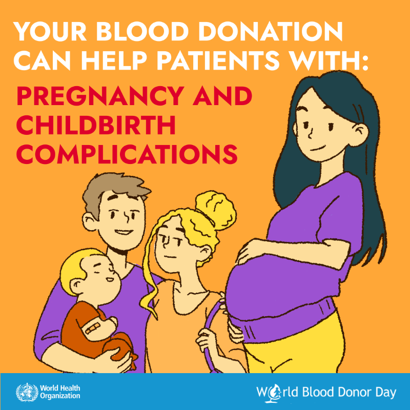 WHO's tweet photo. Did you know: One blood donation can save or improve up to three lives.

Blood donations are vital for patients in surgery, women who experience complications during pregnancy and childbirth, and people with blood conditions https://t.co/yvv4SbVadB

#WorldBloodDonorDay #GiveBlood