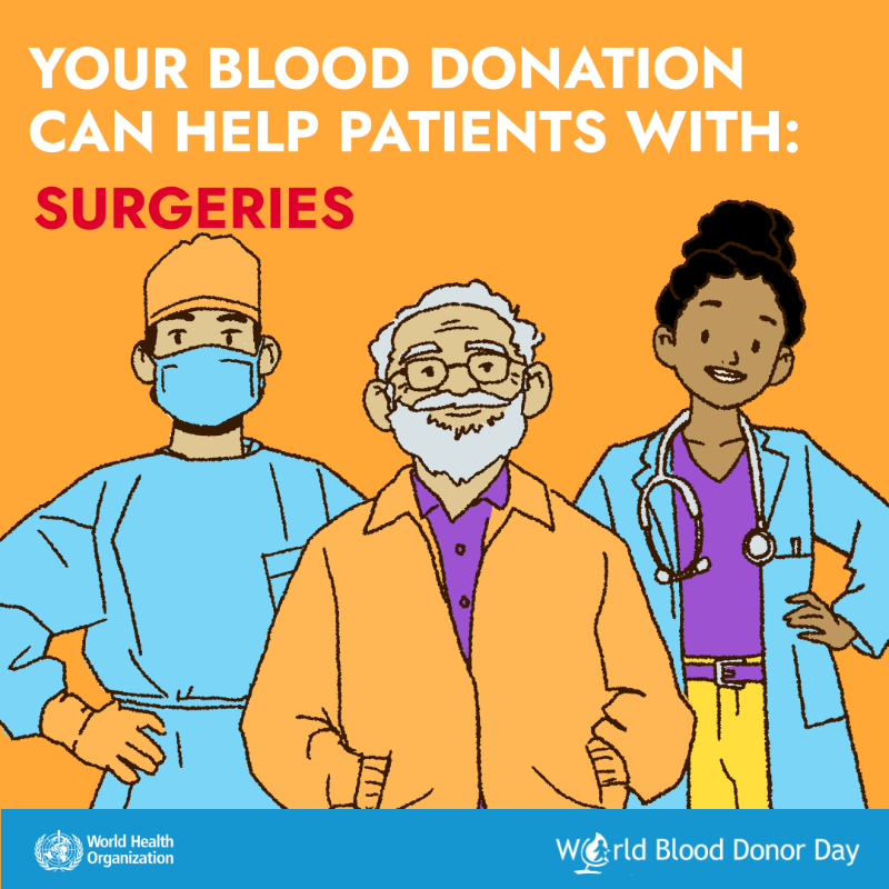 WHO's tweet photo. Did you know: One blood donation can save or improve up to three lives.

Blood donations are vital for patients in surgery, women who experience complications during pregnancy and childbirth, and people with blood conditions https://t.co/yvv4SbVadB

#WorldBloodDonorDay #GiveBlood