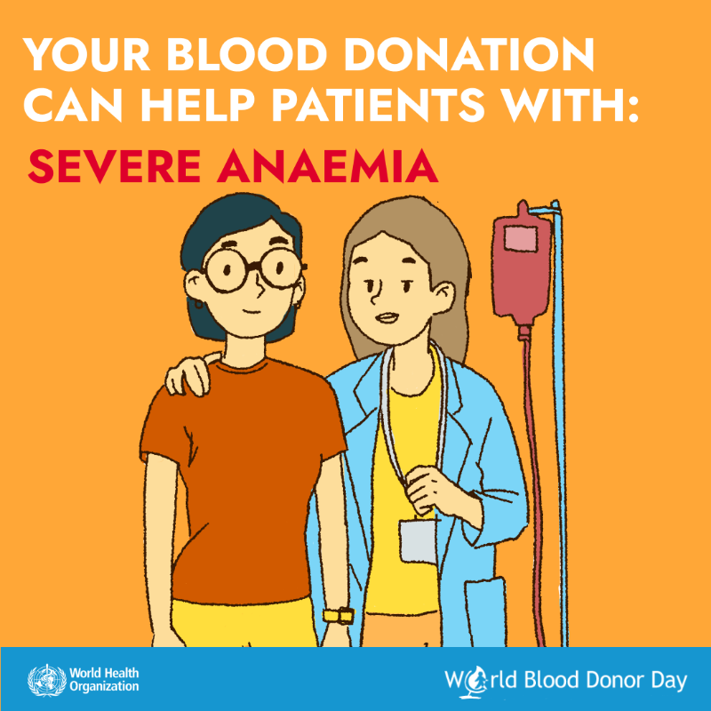WHO's tweet photo. Did you know: One blood donation can save or improve up to three lives.

Blood donations are vital for patients in surgery, women who experience complications during pregnancy and childbirth, and people with blood conditions https://t.co/yvv4SbVadB

#WorldBloodDonorDay #GiveBlood