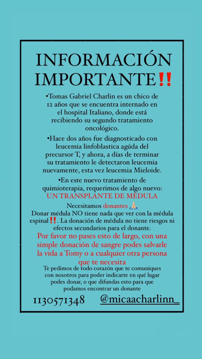 Amigos los molesto para darle una ayuda a Tomas, un niño de tan solo 12 años que está luchando contra una leucemia Mieloide. 
Te pido q leas esto y un RT para ayudar a difundir. 
Entre todos podemos salvarle la vida a Tomy.
Gracias x tu ayuda.
🙏 RT
#TodosPorTomy