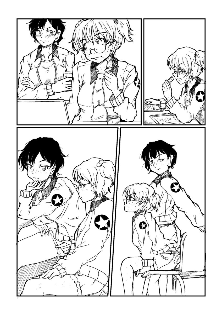 #一日一サンダース
おは原稿。トーンは出来るだけ貼らない方向でオリキャラは黒髪で。何とかセリフで白さを目立たないようにしなきゃ。 